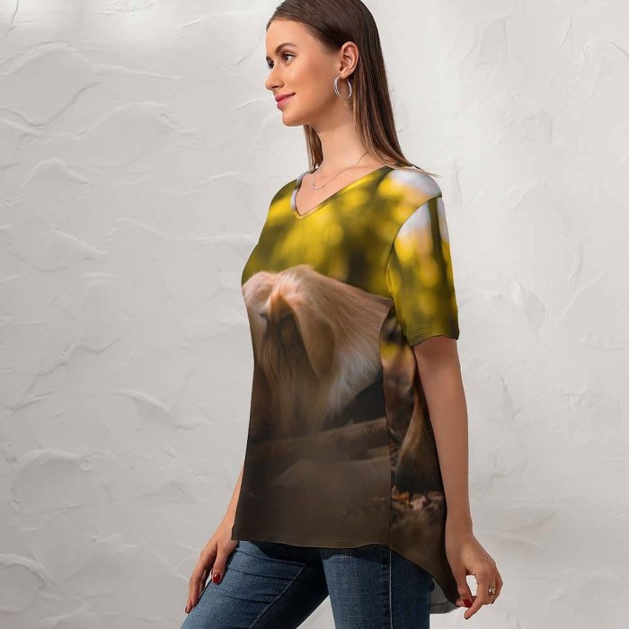 yanfind V Neck T-shirt for Women Lovely Golden Pet Wallpapers Plant Free Forest Pictures Strap Dog Leaf Summer Top  Short Sleeve Casual Loose