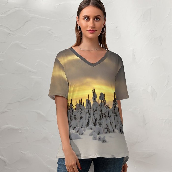 yanfind V Neck T-shirt for Women Snowy Trees Landscape Winter Sunset Snow Covered Sun Rays Cloudy Sky Summer Top  Short Sleeve Casual Loose