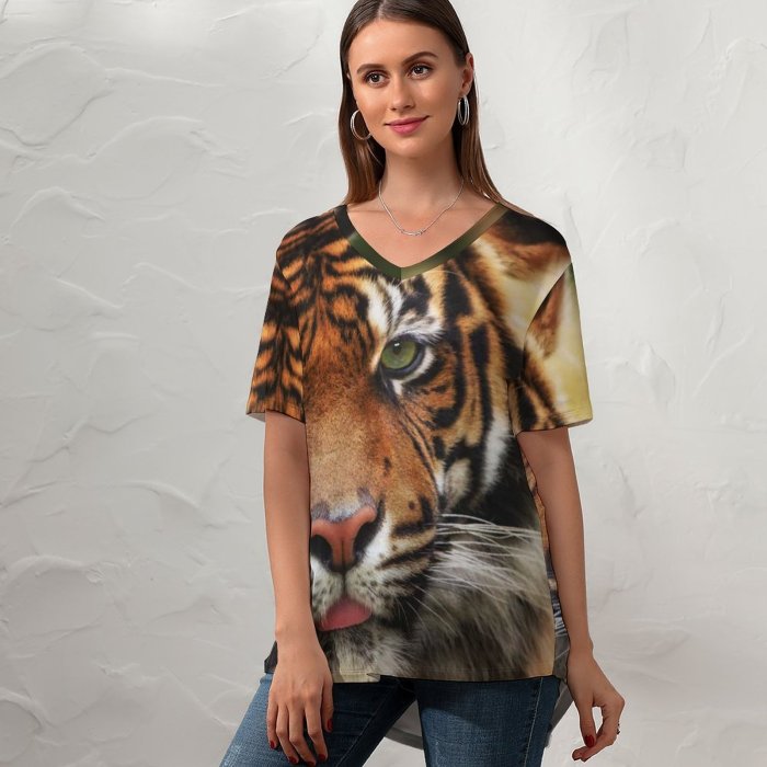 yanfind V Neck T-shirt for Women Ralf Seelert Tiger Big Cat Wildlife Closeup Predator Summer Top  Short Sleeve Casual Loose