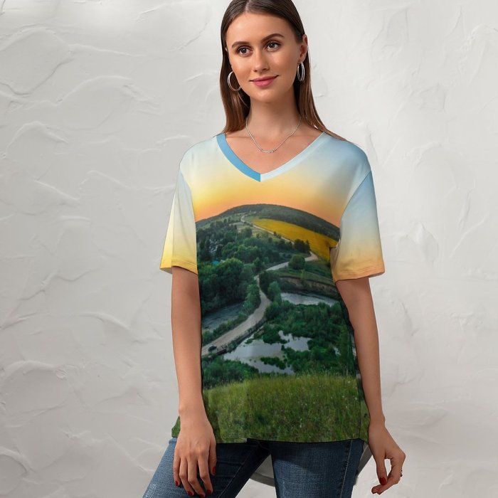 yanfind V Neck T-shirt for Women River Countryside Landscape Sunset Horizon Trees Grass Farmland Summer Top  Short Sleeve Casual Loose