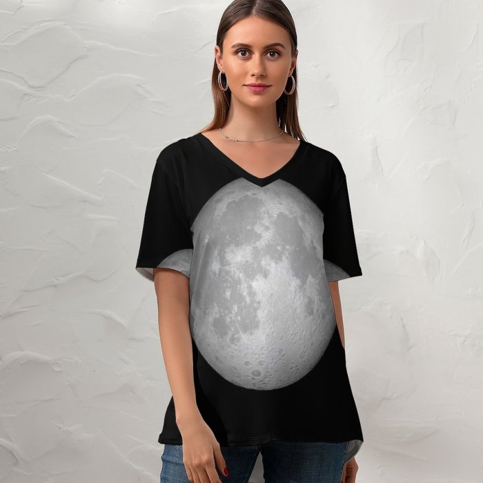 yanfind V Neck T-shirt for Women Space Black Dark Moon IOS Summer Top  Short Sleeve Casual Loose