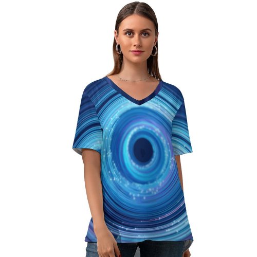 yanfind V Neck T-shirt for Women Nour Almasri Abstract Spiral Circles Experiment Render Summer Top  Short Sleeve Casual Loose