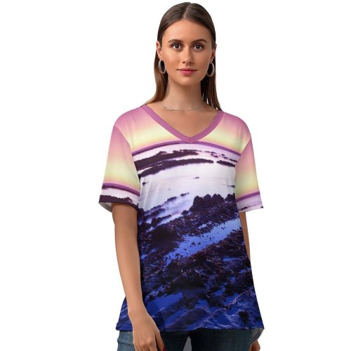 yanfind V Neck T-shirt for Women Romain Guy Fitzgerald Marine California USA Moss Beach Rocks Sunset Purple Sky Summer Top  Short Sleeve Casual Loose