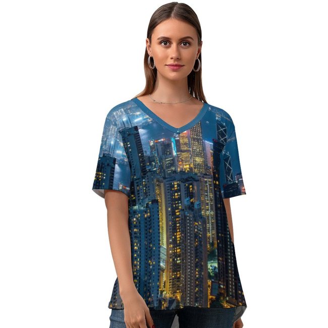 yanfind V Neck T-shirt for Women Ricardo Hong Kong City Cityscape City Lights Night Time Skyscrapers Aerial High Summer Top  Short Sleeve Casual Loose