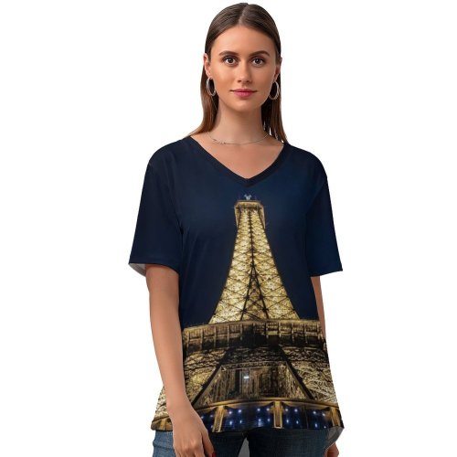 yanfind V Neck T-shirt for Women Samuele Giglio Architecture Eiffel Tower Paris France Dark Night Lights Steel Structure Summer Top  Short Sleeve Casual Loose