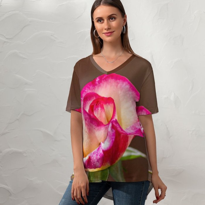yanfind V Neck T-shirt for Women Sprout Geranium Floristry Plant Bud Rose Blossom Flower Garden Stock Petal Summer Top  Short Sleeve Casual Loose