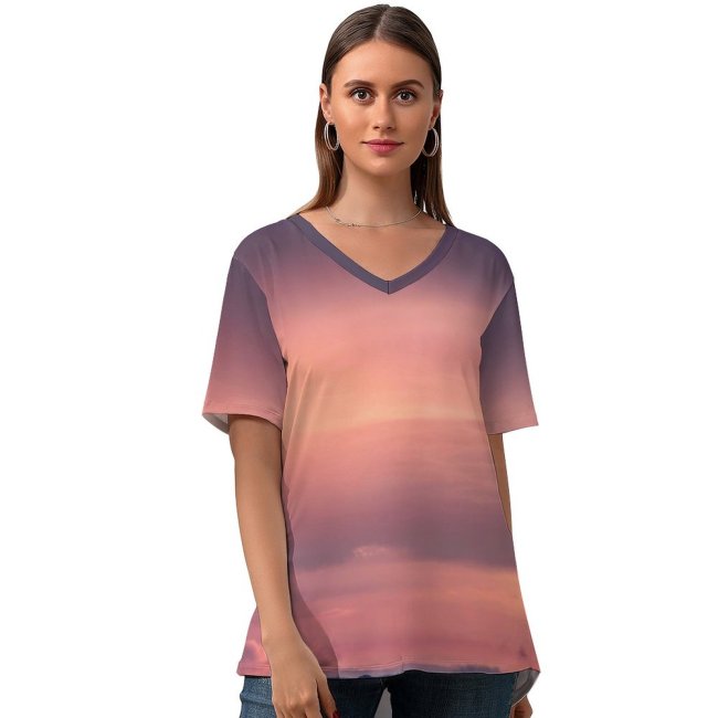 yanfind V Neck T-shirt for Women Romain Guy Sky Sunset Mountains Landscape Fog Clouds Dusk Sky Summer Top  Short Sleeve Casual Loose