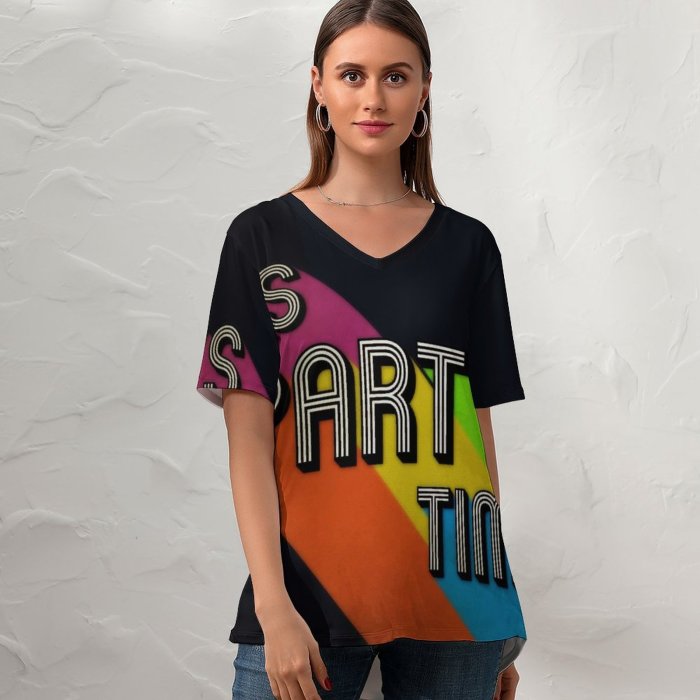 yanfind V Neck T-shirt for Women Rafael Fernandez Black Dark Quotes Its Party Time Minimal Colorful Summer Top  Short Sleeve Casual Loose