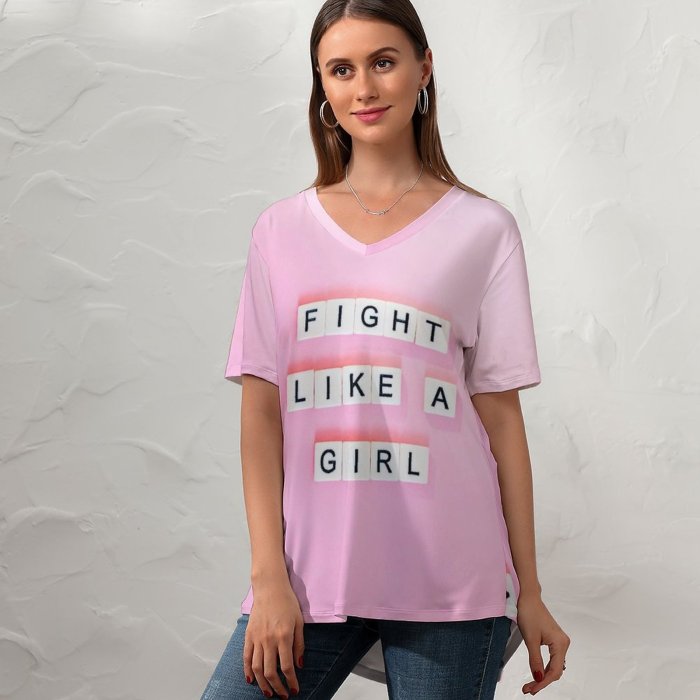 yanfind V Neck T-shirt for Women Sincerely Media Quotes Fight Like Girl Letters Girly Popular Quotes Summer Top  Short Sleeve Casual Loose