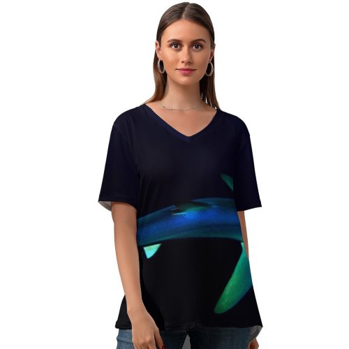 yanfind V Neck T-shirt for Women Shark Underwater Atlantic Ocean Deep Sea Dark Summer Top  Short Sleeve Casual Loose