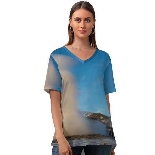 yanfind V Neck T-shirt for Women Eruption Iceland Pictures PNG Outdoors Snæfellsnes Pier Dock Volcano Port Waterfront Summer Top  Short Sleeve Casual Loose
