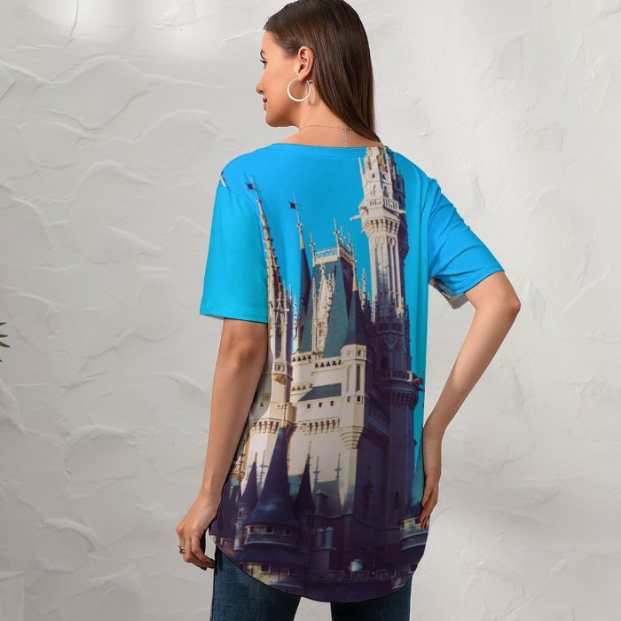 yanfind V Neck T-shirt for Women Castle Buena Wallpapers Mouse Lake Architecture Free States Disney Magic Flag Summer Top  Short Sleeve Casual Loose
