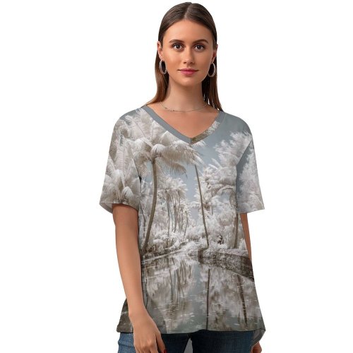 yanfind V Neck T-shirt for Women Frost India River Snow Wallpapers Wildlife Kerala Outdoors Tree Summer Coconut Summer Top  Short Sleeve Casual Loose