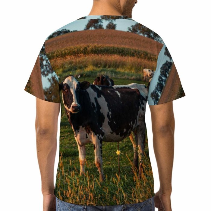 yanfind Adult Full Print T-shirts (men And Women) Landscape Field Agriculture Grass Grassland Milk Rural Calf Farmland Pasture Cattle