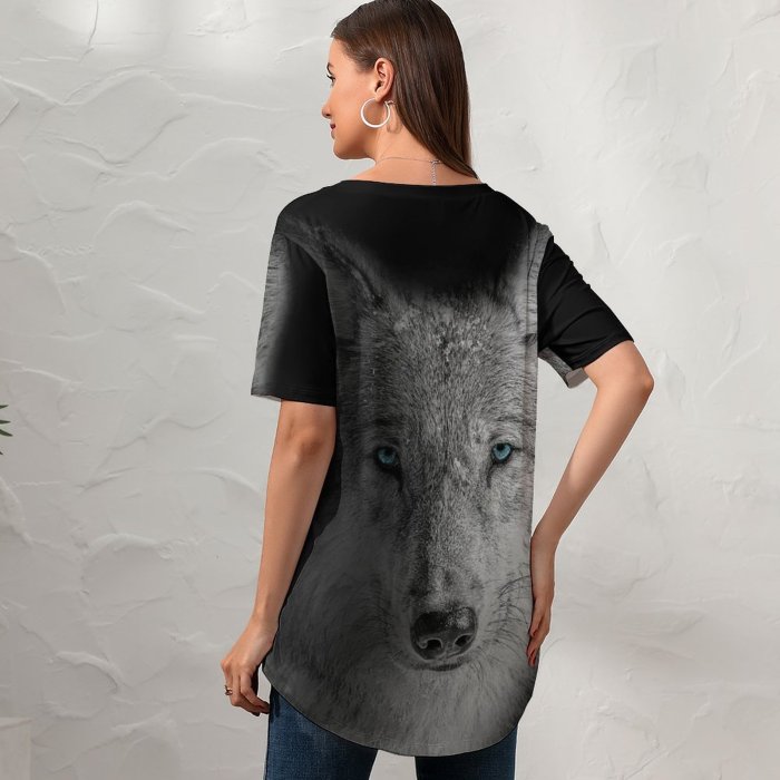 yanfind V Neck T-shirt for Women Randy Rodriguez Black Dark Wolf Beast Wild Wolf Summer Top  Short Sleeve Casual Loose