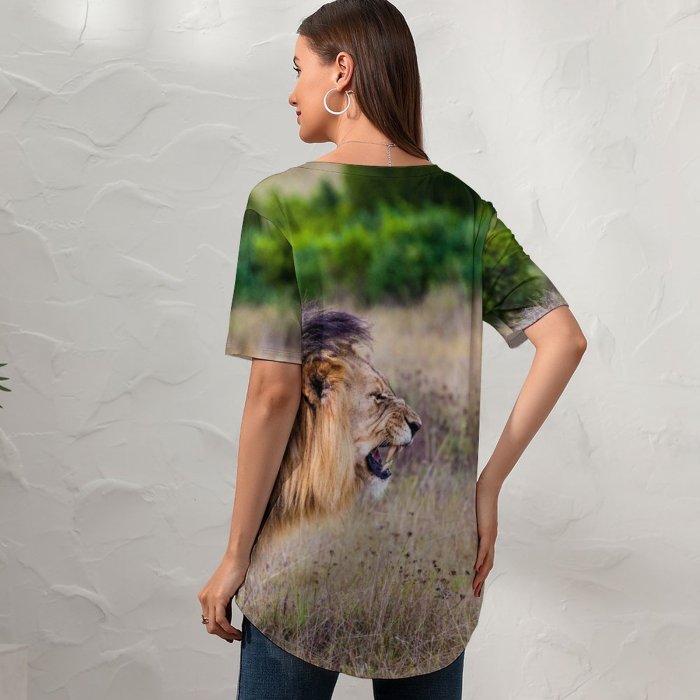 yanfind V Neck T-shirt for Women Simon Bardet Lion Roaring National Park Wild Summer Top  Short Sleeve Casual Loose