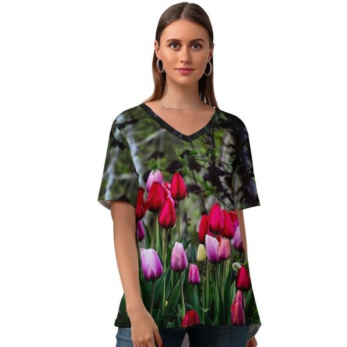 yanfind V Neck T-shirt for Women Ricardo Gomez Angel Flowers Tulip Flowers Multicolor Colorful Blossom Spring Plant Trees Summer Top  Short Sleeve Casual Loose