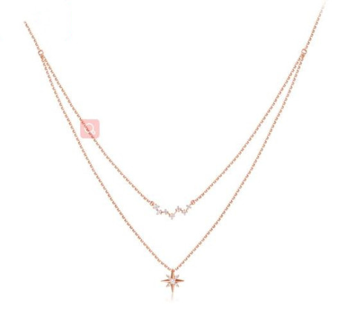 Long Stars and Stars 18K Rose Gold Pendant with Double Necklace and Diamond Set