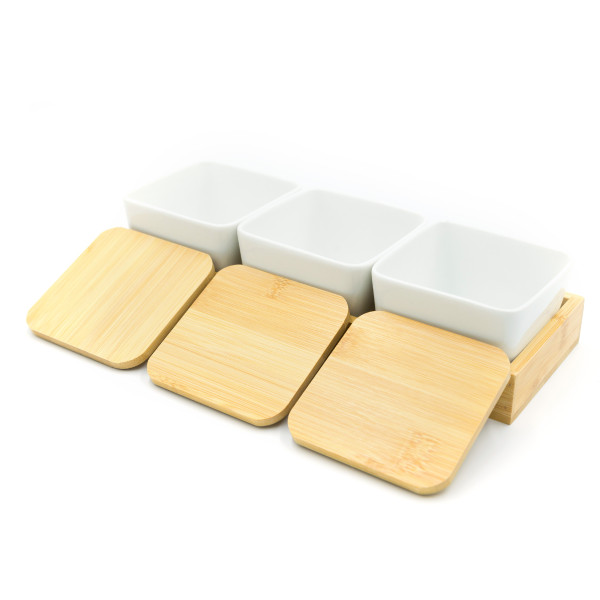 7-Piece Bamboo Serving Tray With Ceramic Bowls Set Brown/White