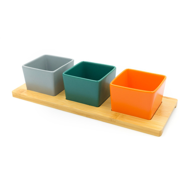 4-Piece Bamboo Serving Tray With Ceramic Bowls Set Multicolour