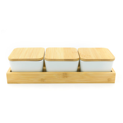 7-Piece Bamboo Serving Tray With Ceramic Bowls Set Brown/White