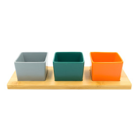 4-Piece Bamboo Serving Tray With Ceramic Bowls Set Multicolour