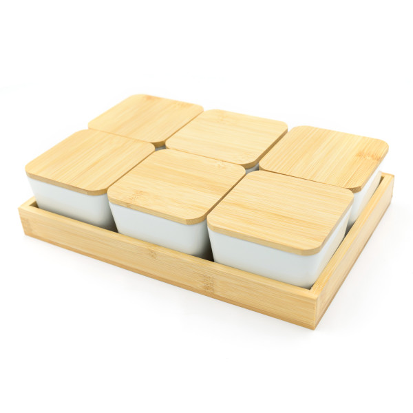13-Piece Bamboo Serving Tray With Ceramic Bowls Set Brown/White