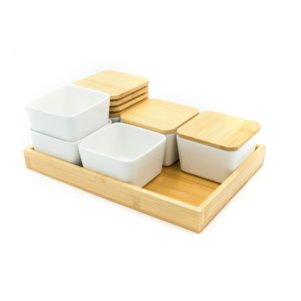 13-Piece Bamboo Serving Tray With Ceramic Bowls Set Brown/White