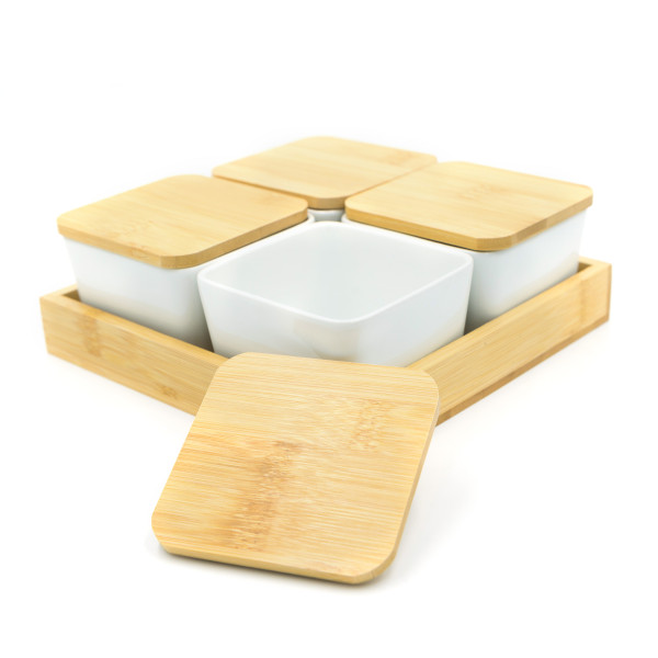 9-Piece Bamboo Serving Tray With Ceramic Bowls Set Brown/White