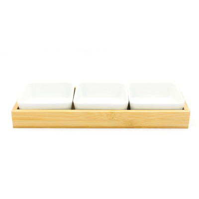 4-Piece Bamboo Serving Tray With Ceramic Bowls Set Brown/White