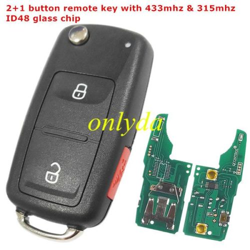 For VW 2+1 button remote key with 434mhz & 315mhz   ID48 glass chip   5K0-959-753AB / 5K0-837-202AD Switchable frequency