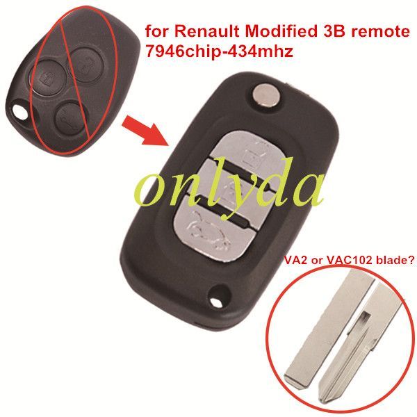 For Renault Modified 3 button remote key 7946 chip-434mhz（please choose the key blade）