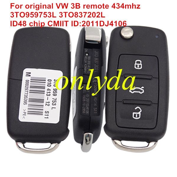 Original VW 3 button remote key  with 434mhz Model Number is 3TO959753L 3TO837202L