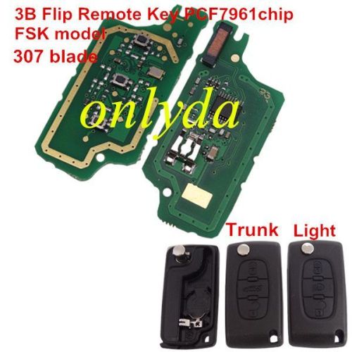 For Peugeot 3 Button Flip  Remote Key with 46 chip PCF7961chip FSK model  with VA2 and HU83 blade, trunk and light button , please choose the key shell