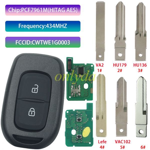 For Renault 2 button remote key with PCF7961M(HITAG AES) chip，434mhz  FSK ，please choose the blade