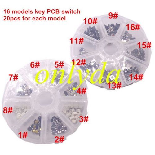 For muti-function remote key switch,PCB  button
total 16 models, 20pcs for each model , total is  320pcs ,it is easy for locksmith engineer to use.