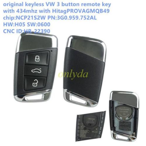 For OEM  VW 3 button remote key 434mhz with HitagPROVAGMQB49  chip:NCP21S2W PN3G0.959.752AL HW:H05 SW:0600 CNC ID:HR-22390