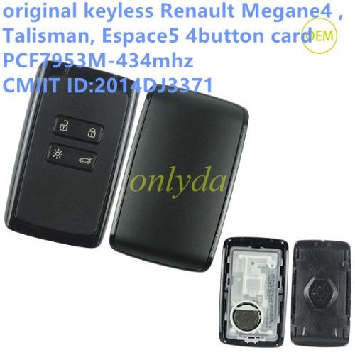 For OEM keyless Renault Megane4 ,Talisman, Espace5 4button card  PCF7953M-434mhz CMIIT ID:2014DJ3371