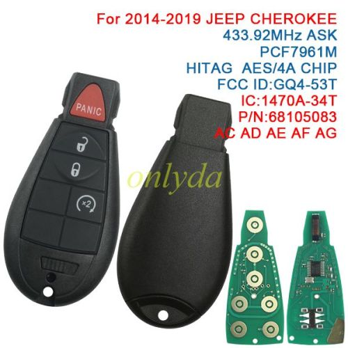 For Chrysler 3+1 button remote key with PCF7961M/HITAG AES /4A  chip  with 433MHZ 2014-2019 JEEP CHEROKEE  FCC:CQ4-53T  IC:1470A-34T PN:68105083