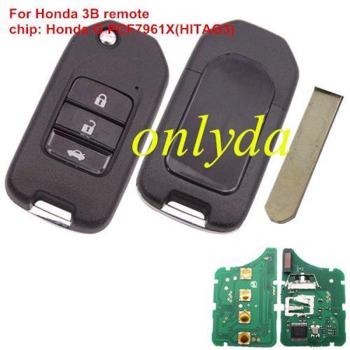 For Honda 3 button remote key chip: Honda G PCF7961X(HITAG3) ID47 / HONDA G  & 433 Mhz compatible Honda Accord 2015-2017.  FCCID: HLIK6-3T blade HON66,  battery CR2032.