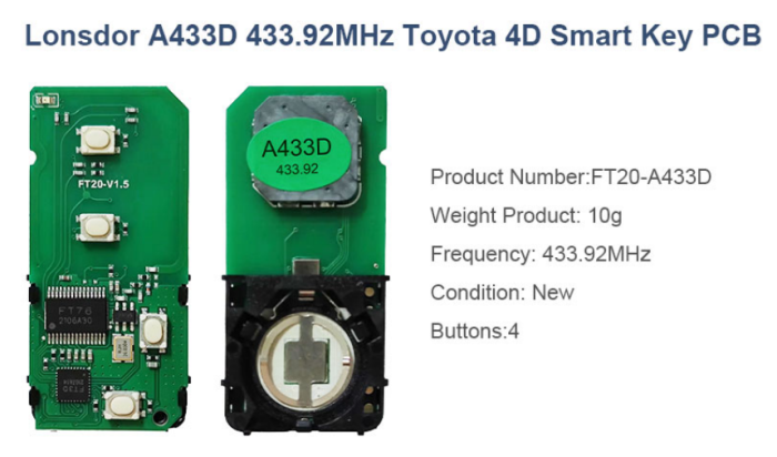 4 Button keyless Lonsdor A433D  433.92mhz Toyota 4D Smart key PCB