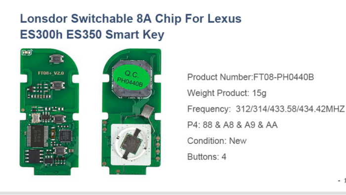 For Lexus  4 Button keyless 312/314/433.58/434.42MHZ Lonsdor Switchable 8A Chip For Lexus ES300h ES350 Smart Key FT08-PH0440B