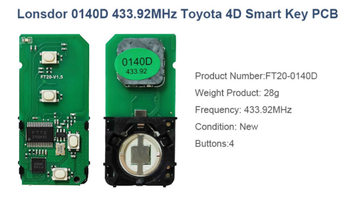 4 Button keyless Lonsdor 0140D 433.92mhz Toyota 4D Smart key PCB