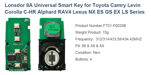 4 Button keyless 312/314/433.58/434.42MHZ  8A for toyota camry Levin Corolla C-HR Alphard RAV4 Lexus NX ES GS EX LS Series,can change into 2110,3330,0010,3950,0410