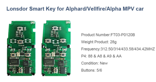 5/6 Button Keyless Lonsdor Smart Key for Alphard/VellfirelAlpha MPV car FT03-P0120B
