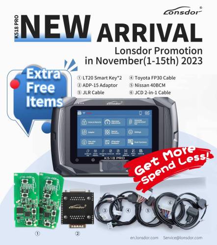 2023 Lonsdor K518 Pro Universal Key Programmer with 2xLT20, Toyota FP30 Cable, Nissan 40 BCM Cable, JCD, JLR and ADP Adapter