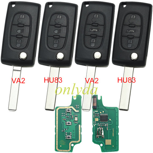 For Peugeot CE0536 3 Button Flip  Remote Key with 46 chip PCF7961chip ASK model  with VA2 and HU83 blade, trunk and light button , please choose the key shell