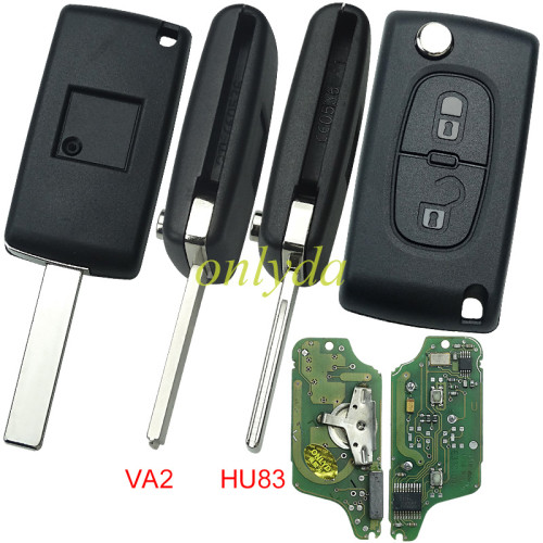 OEM for  Peugeot 2 Button Flip  Remote Key with 433mhz  (battery on PCB) with ASK model  with 46 chip CE0523 PCF7941 E33C1002 with VA2 and HU83 blade , please choose the key shell