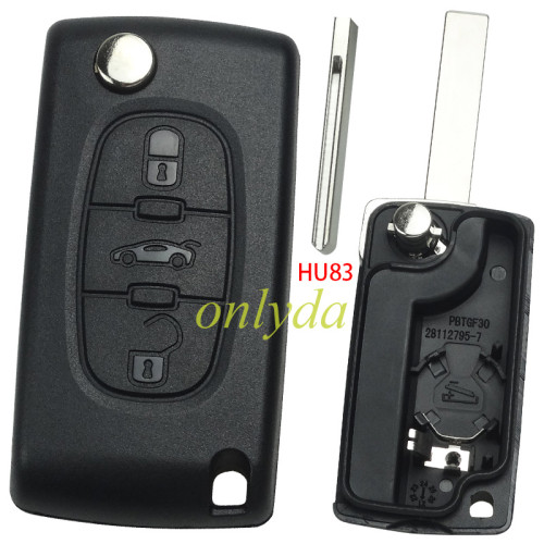 For  Peugeot 407 3-button  flip key shell with trunk button - HU83-SH3-Trunk- with battery place（ flat back cover or square logo place on the back ）