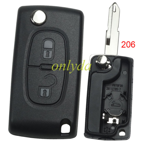 For  Peugeot 206 2 button flip remote key shell the blade is 206 blade with battery（ flat back cover or square logo place on the back ）